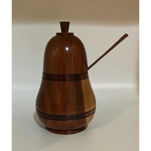 Inlaid Teak Wood Honey or Jam Pot Pear‎ Shaped Handcrafted 7" Height
